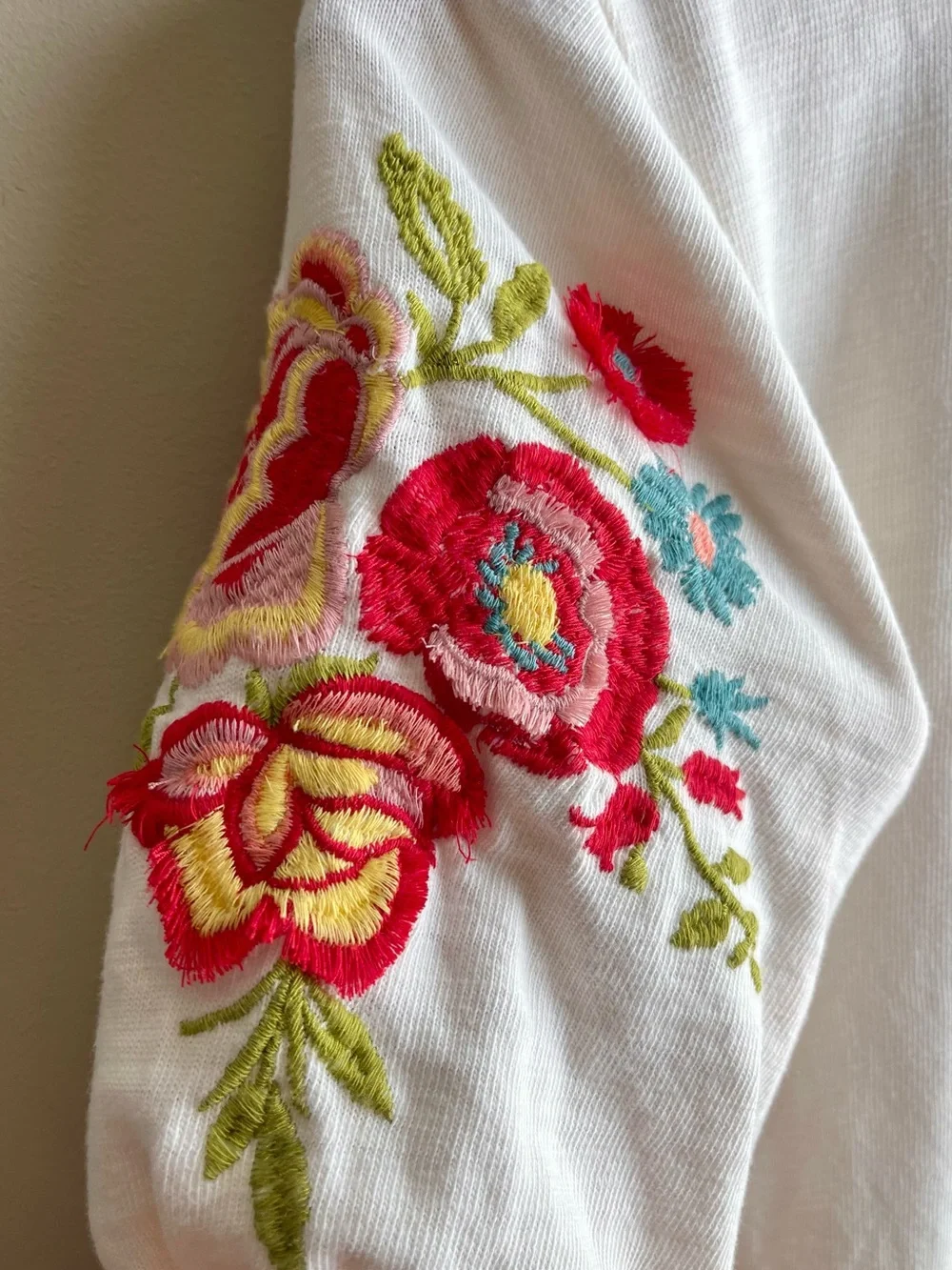 LOFT Cream Puff Sleeve Top with Pink & Teal Floral Embroidery
